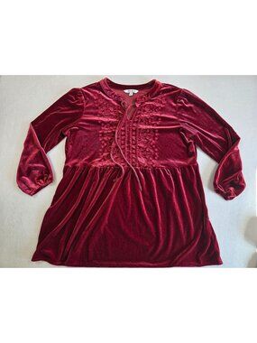 The Pioneer Woman Burgundy Velvet Long Sleeve Empire Waist Tunic Peasant Top L